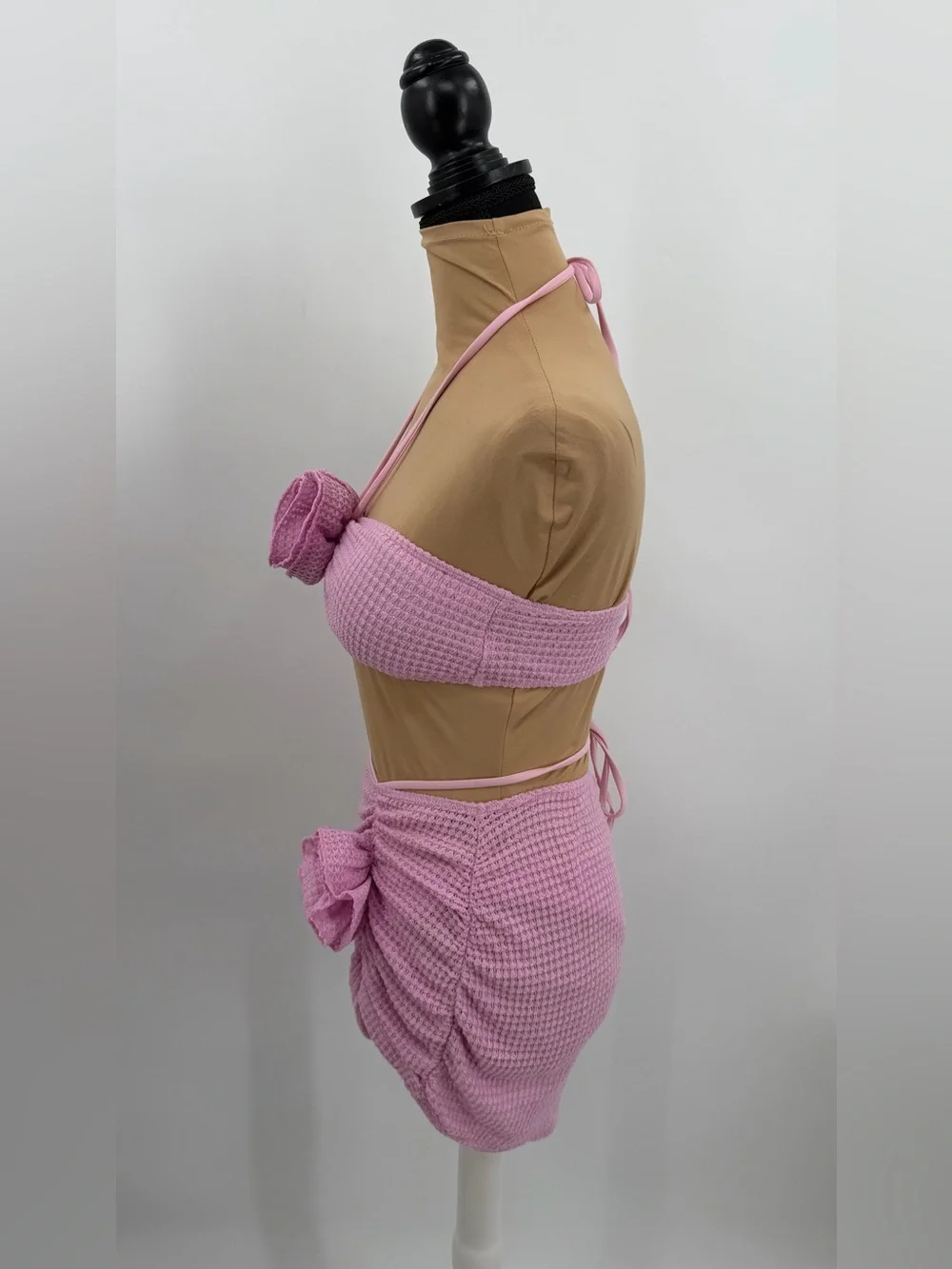 Pink Rosette flower 3 Piece bikini set cover up skirt Textured S vacation resort